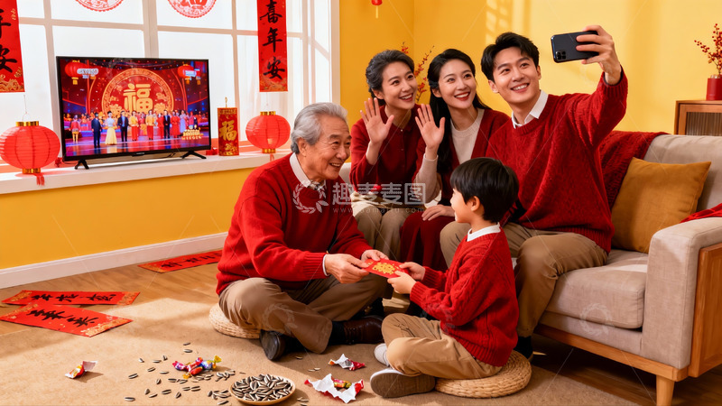 高清大图下载【趣麦麦图】春节家庭团聚自拍庆祝