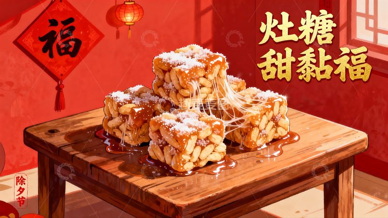 高清大图下载【趣麦麦图】除夕灶糖甜黏福