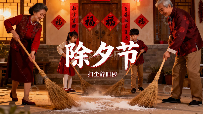 高清大图下载【趣麦麦图】除夕节家庭扫尘迎新年