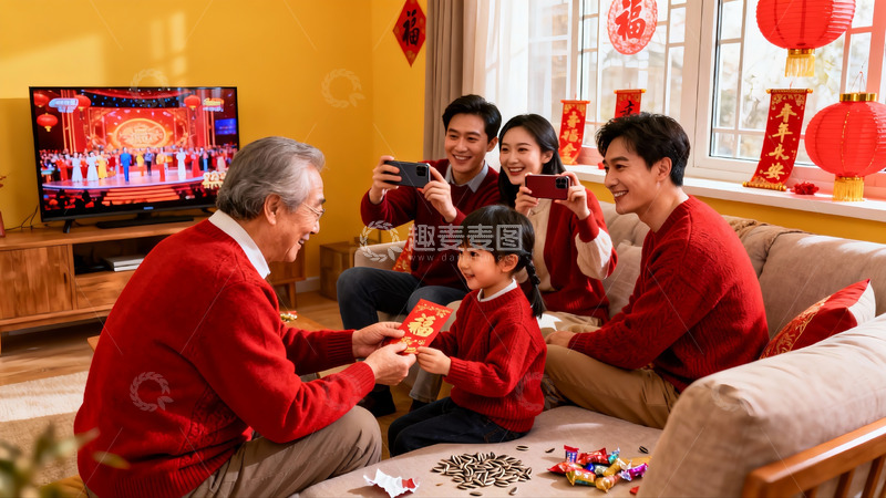 高清大图下载【趣麦麦图】春节家庭团聚长辈发红包