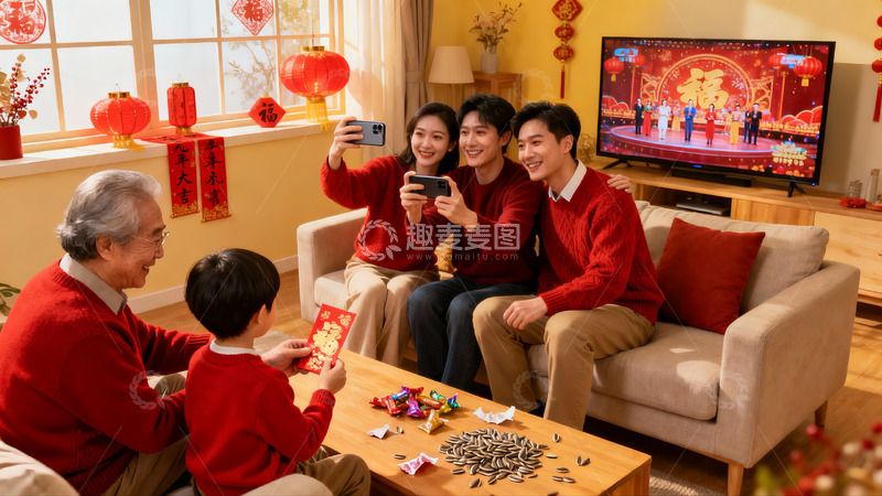 高清大图下载【趣麦麦图】春节家庭团聚客厅自拍