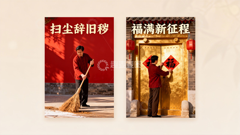 高清大图下载【趣麦麦图】春节扫尘贴福迎新春