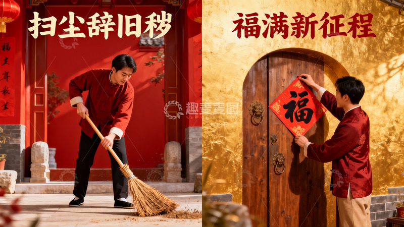 高清大图下载【趣麦麦图】新春扫尘贴福迎新年
