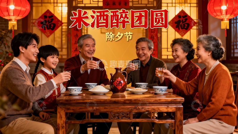 高清大图下载【趣麦麦图】除夕团圆饭家人欢聚一堂