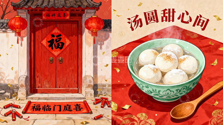 春节门庭与汤圆美食插画
