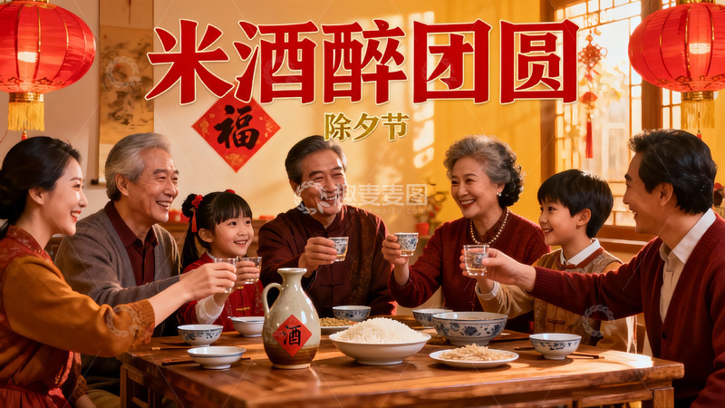 高清大图下载【趣麦麦图】除夕团圆饭家人举杯庆佳节