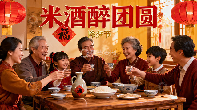 除夕团圆饭家人举杯庆佳节