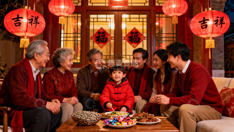 高清大图下载【趣麦麦图】春节家庭团聚共进晚餐