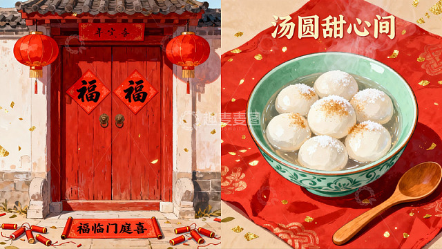 传统门扉与汤圆美食