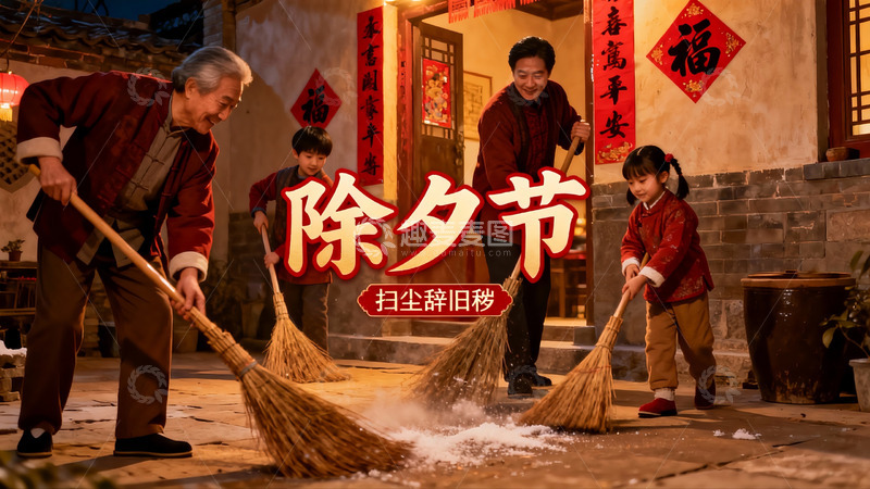 高清大图下载【趣麦麦图】除夕节家人清扫庭院迎新年