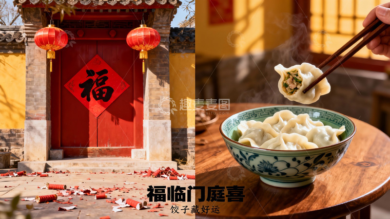高清大图下载【趣麦麦图】春节门庭与饺子共庆团圆