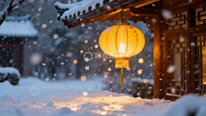 高清大图下载【趣麦麦图】雪夜古建筑灯笼光影
