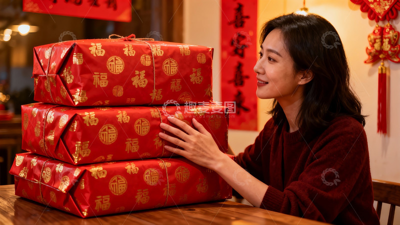 高清大图下载【趣麦麦图】女子手抚红色福字礼盒喜庆氛围