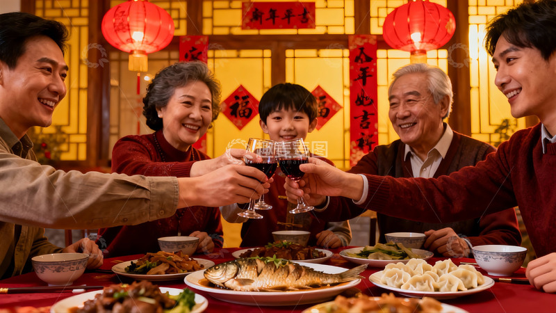 高清大图下载【趣麦麦图】家庭聚餐举杯庆团圆