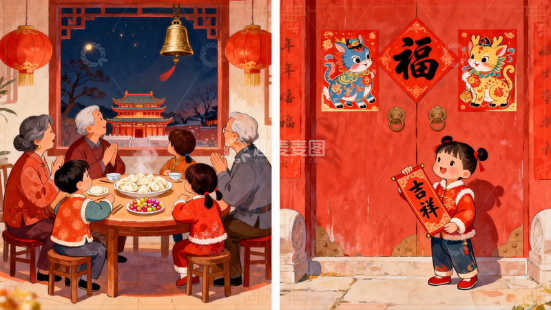 高清大图下载【趣麦麦图】春节家庭团聚与门贴福字