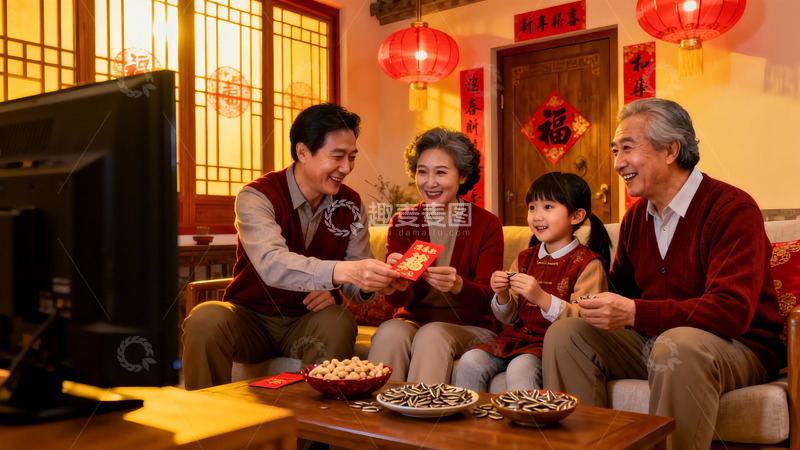 高清大图下载【趣麦麦图】三代同堂春节团聚送红包