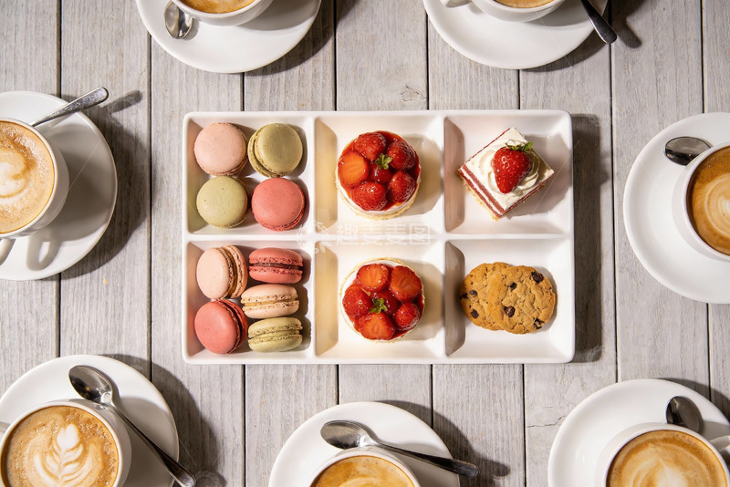 高清大图下载【趣麦麦图】咖啡甜点拼盘俯拍图