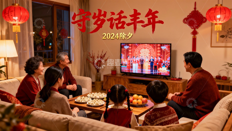 高清大图下载【趣麦麦图】除夕夜家人团聚看春晚
