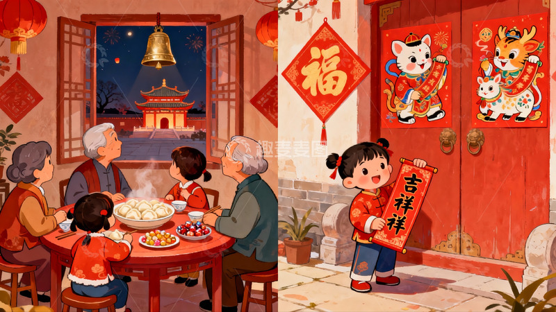 高清大图下载【趣麦麦图】春节家庭团聚与门贴装饰