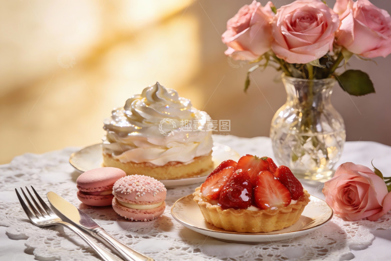 高清大图下载【趣麦麦图】精致甜点与玫瑰花摆拍