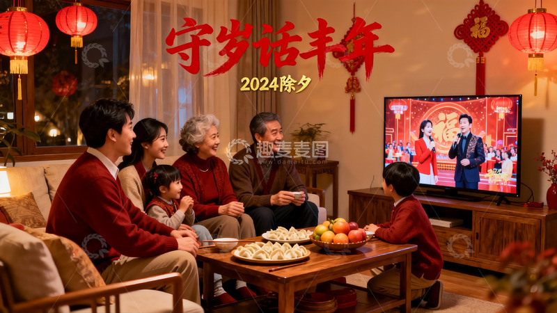 高清大图下载【趣麦麦图】除夕夜家人团聚看电视