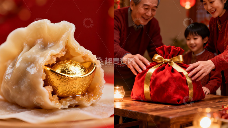 高清大图下载【趣麦麦图】年夜饭饺子与红包庆祝团圆