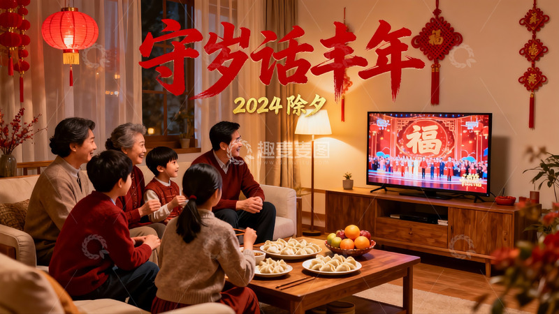 高清大图下载【趣麦麦图】除夕夜家人团聚看春晚