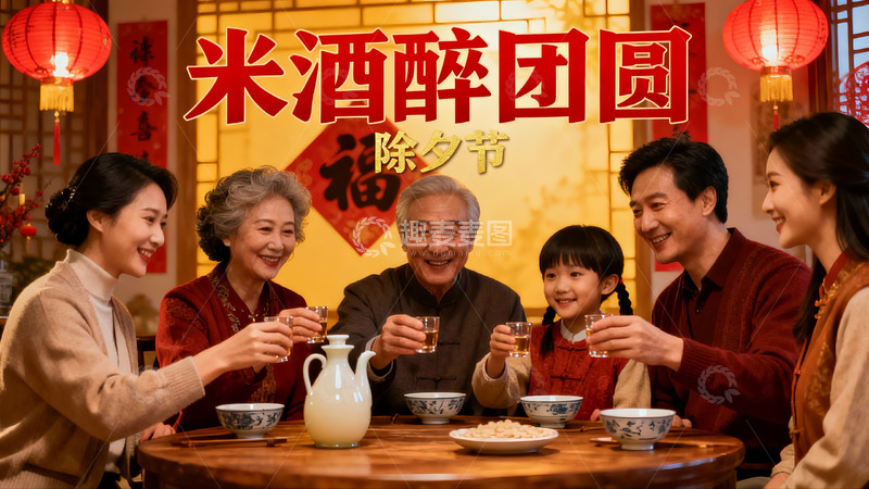 高清大图下载【趣麦麦图】除夕团圆饭家人举杯庆佳节