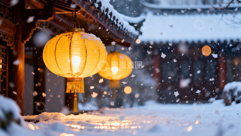 高清大图下载【趣麦麦图】雪夜古建筑灯笼光影