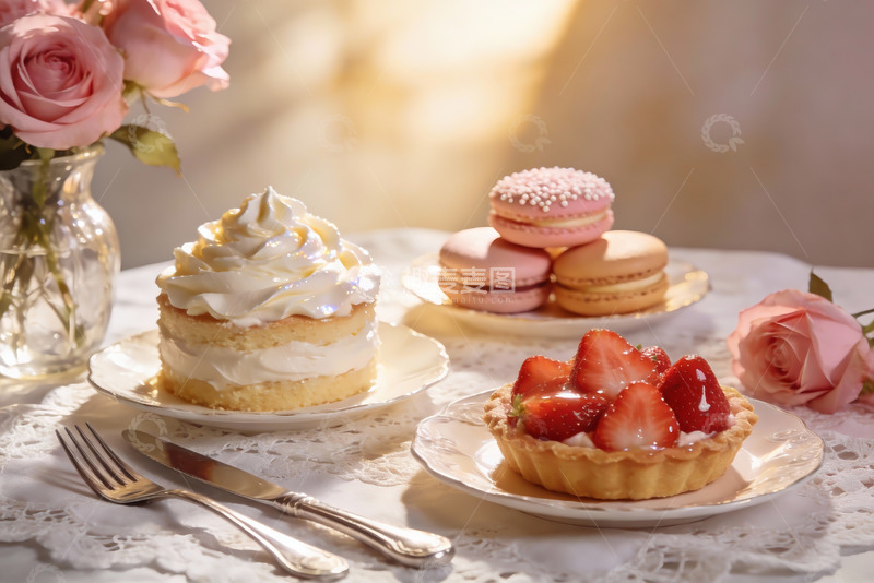 高清大图下载【趣麦麦图】精致甜点与玫瑰花摆拍