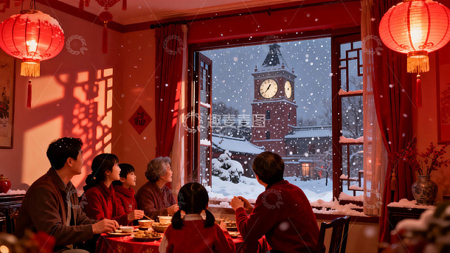 春节家庭聚餐雪景窗外