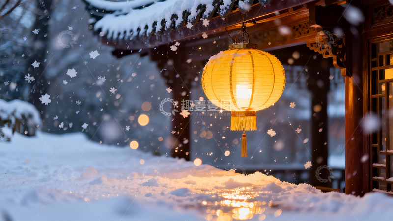 高清大图下载【趣麦麦图】雪夜古建筑灯笼光影