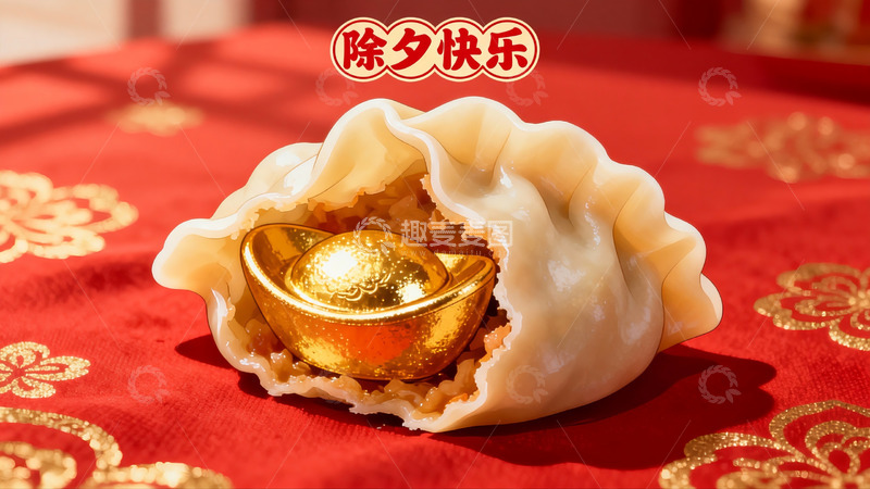 高清大图下载【趣麦麦图】饺子内藏金元宝寓意新年好运