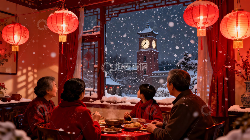 高清大图下载【趣麦麦图】雪夜围炉聚餐温馨场景