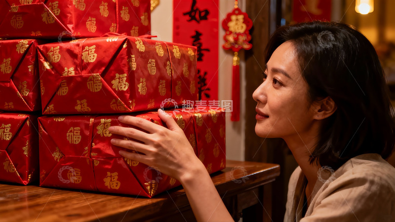 高清大图下载【趣麦麦图】女子手抚红色福字礼盒