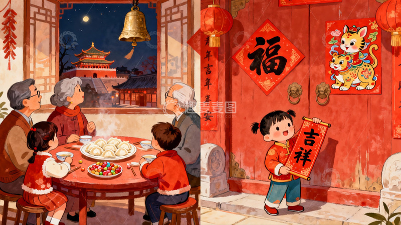 高清大图下载【趣麦麦图】春节家庭团聚吃饺子场景