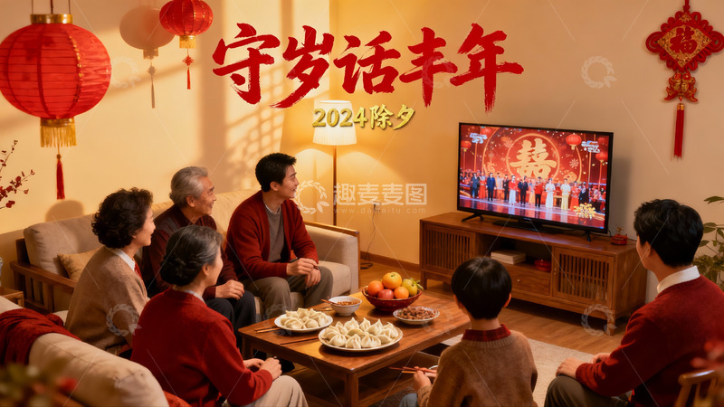 高清大图下载【趣麦麦图】除夕夜家人团聚看春晚