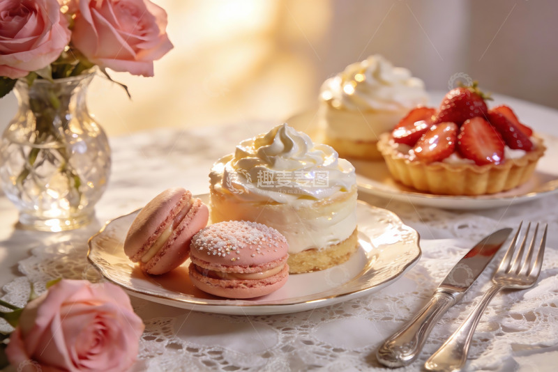 高清大图下载【趣麦麦图】精致甜点与玫瑰花摆拍