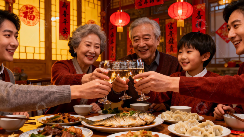 高清大图下载【趣麦麦图】家庭聚餐举杯欢庆