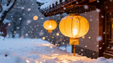 雪夜灯笼映古建筑