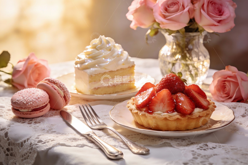 高清大图下载【趣麦麦图】精致甜点与玫瑰花摆拍
