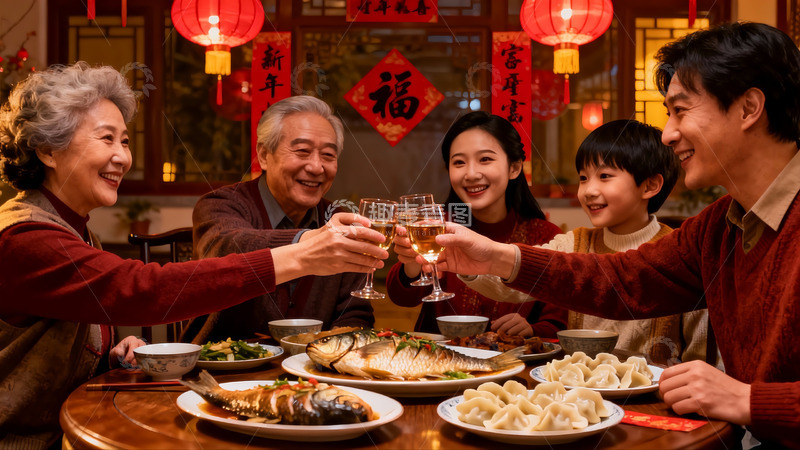 高清大图下载【趣麦麦图】春节家庭聚餐举杯欢庆