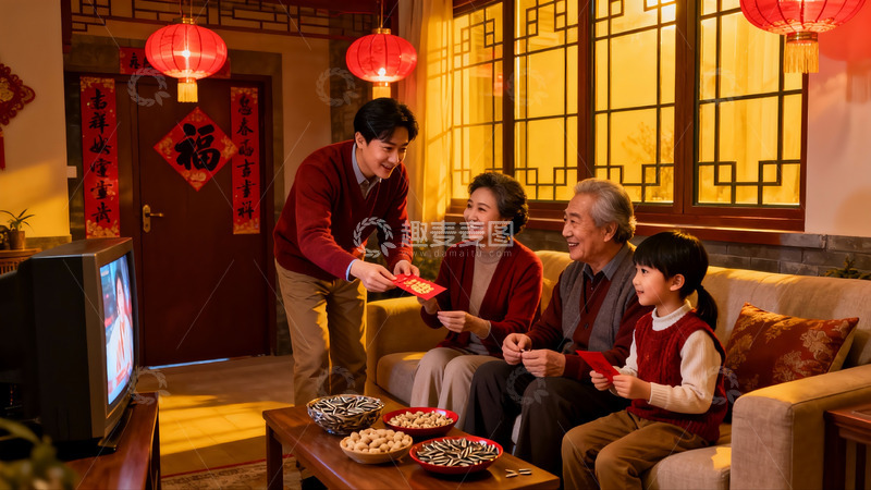高清大图下载【趣麦麦图】家庭团聚庆佳节红包传递