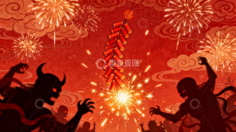 高清大图下载【趣麦麦图】除夕夜爆竹驱邪迎新年
