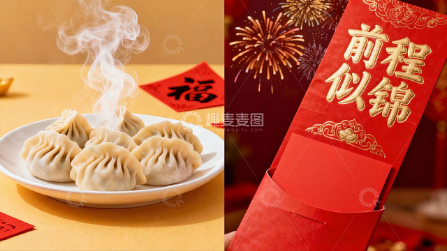 热气腾腾饺子与红色贺卡
