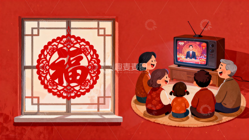 高清大图下载【趣麦麦图】春节家庭团聚看电视