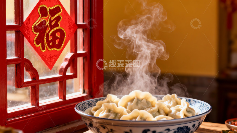 高清大图下载【趣麦麦图】热气腾腾的饺子配红色窗花