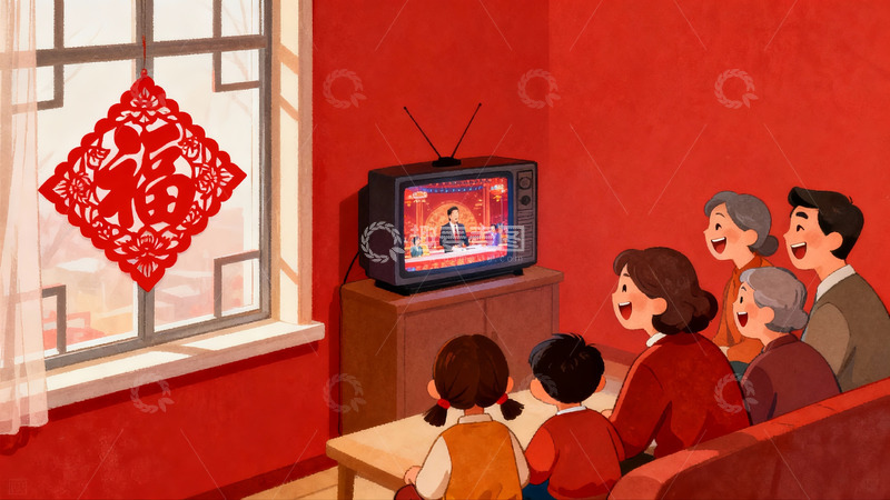高清大图下载【趣麦麦图】全家围坐看电视其乐融融
