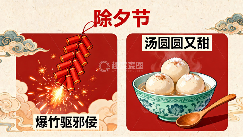 高清大图下载【趣麦麦图】除夕节传统习俗与美食