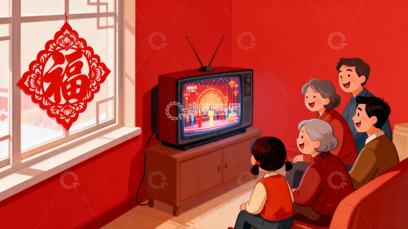 高清大图下载【趣麦麦图】全家围坐看电视节目
